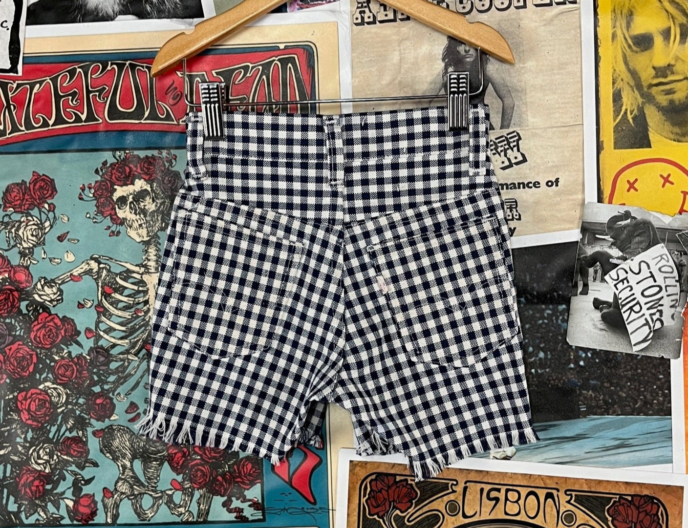 Vintage Kids 70s Blue White Gingham Plaid Levis White Tab USA Cutoffs Shorts Size 5 Slim Ages 4-5 Retro