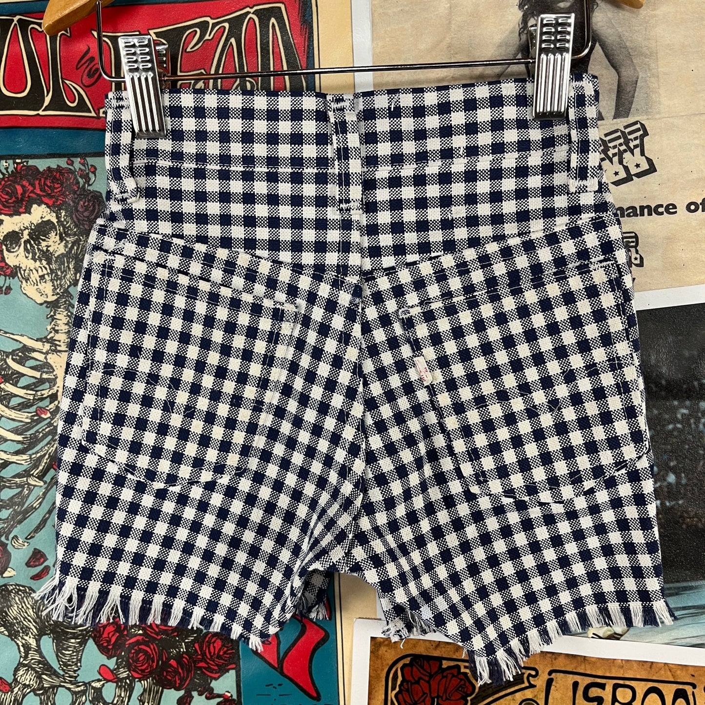 Vintage Kids 70s Blue White Gingham Plaid Levis White Tab USA Cutoffs Shorts Size 5 Slim Ages 4-5 Retro