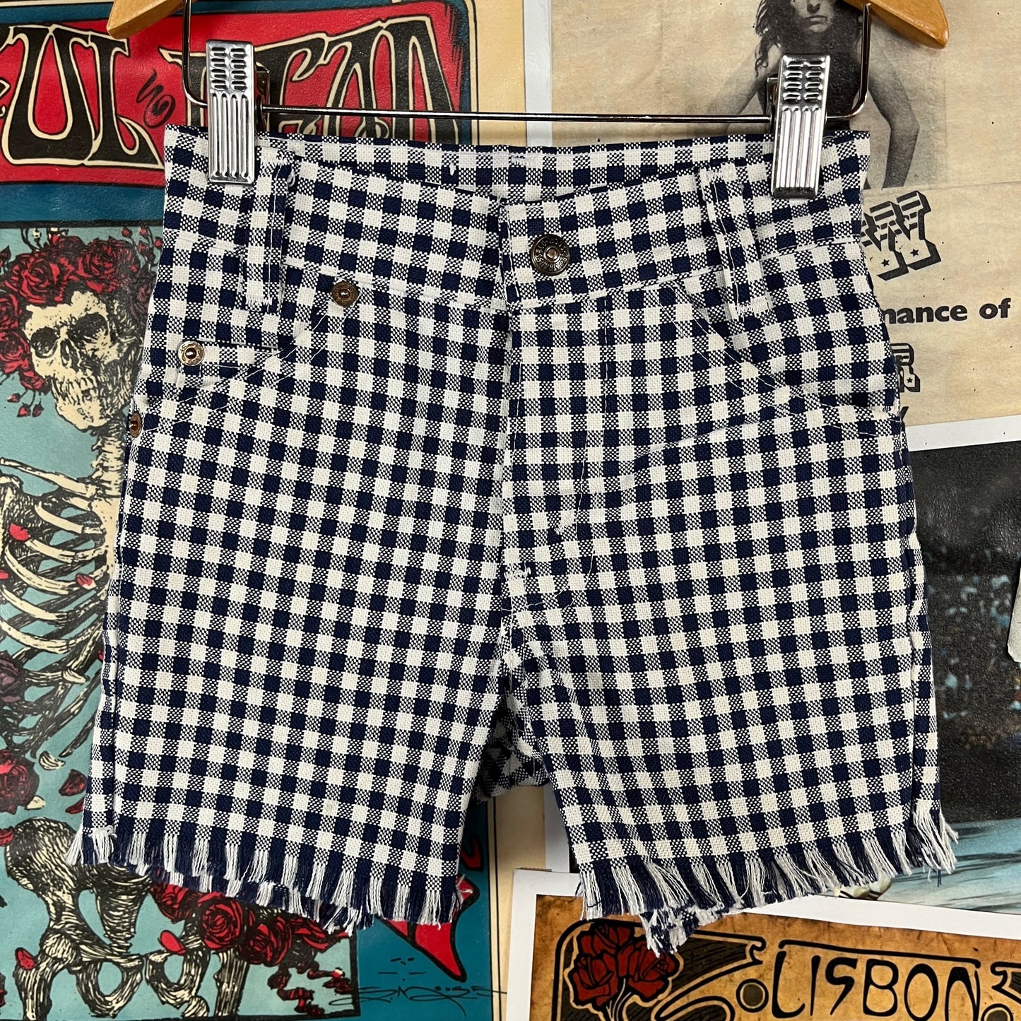 Vintage Kids 70s Blue White Gingham Plaid Levis White Tab USA Cutoffs Shorts Size 5 Slim Ages 4-5 Retro