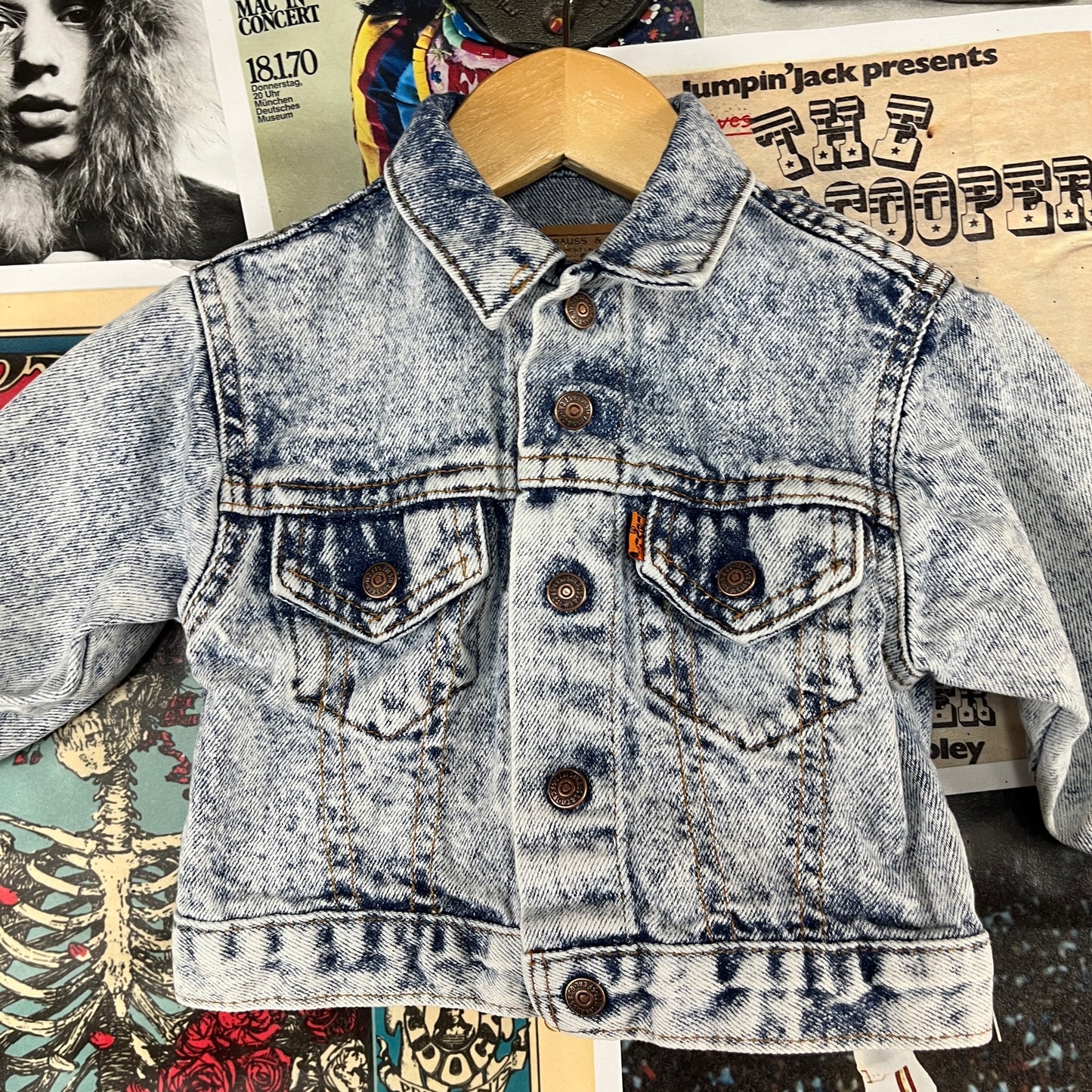 Vintage Toddler Boy Girl Kids 80s-90s Light Acid Wash Levis Orange Tab USA Denim Jean Trucker Jacket 12-18 Months
