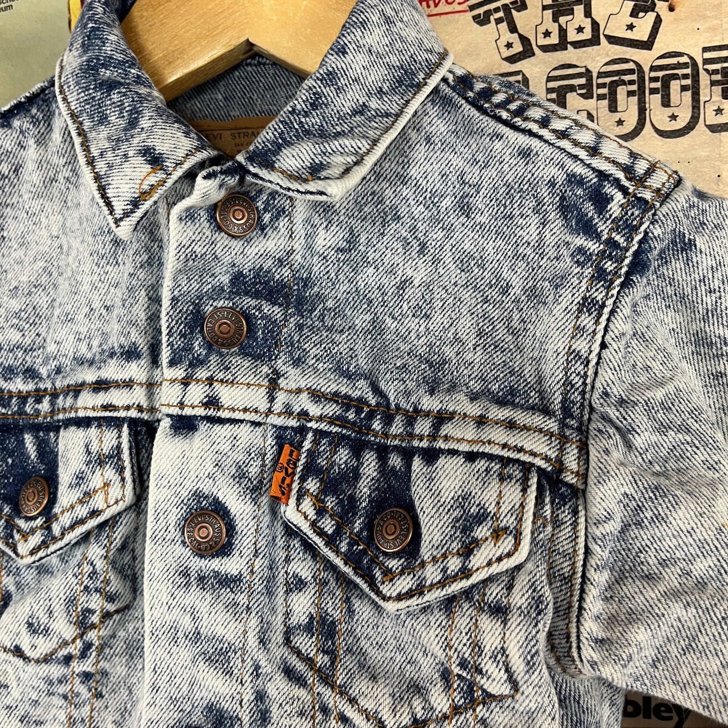 Vintage Toddler Boy Girl Kids 80s-90s Light Acid Wash Levis Orange Tab USA Denim Jean Trucker Jacket 12-18 Months