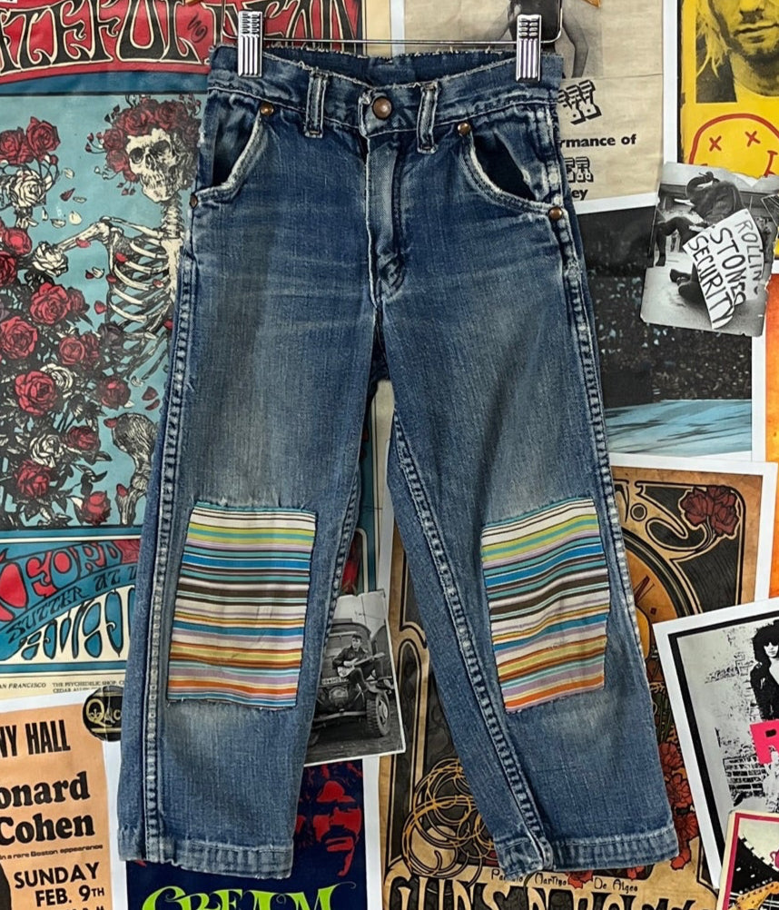 Vintage Kids 60s-70s Patched Faded Grunge Hippie Sanforized Wrangler  Straight Leg Denim Jeans Size Slim Ages 4-5