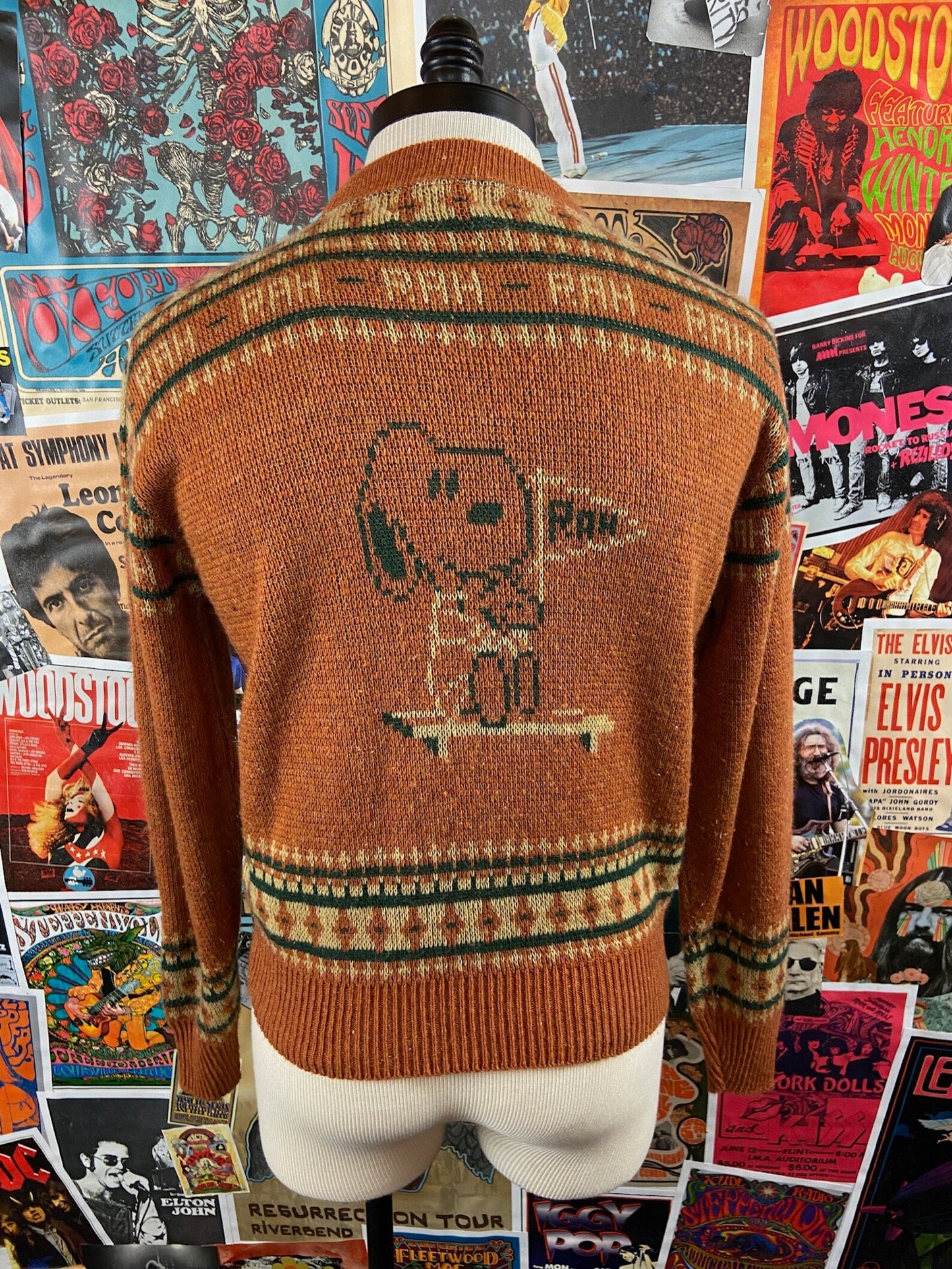 Vintage Mens 70s Snoopy Peanuts Cartoon Rah Rah School Rally Arrow Knit Crewneck Jumper Sweater M/L