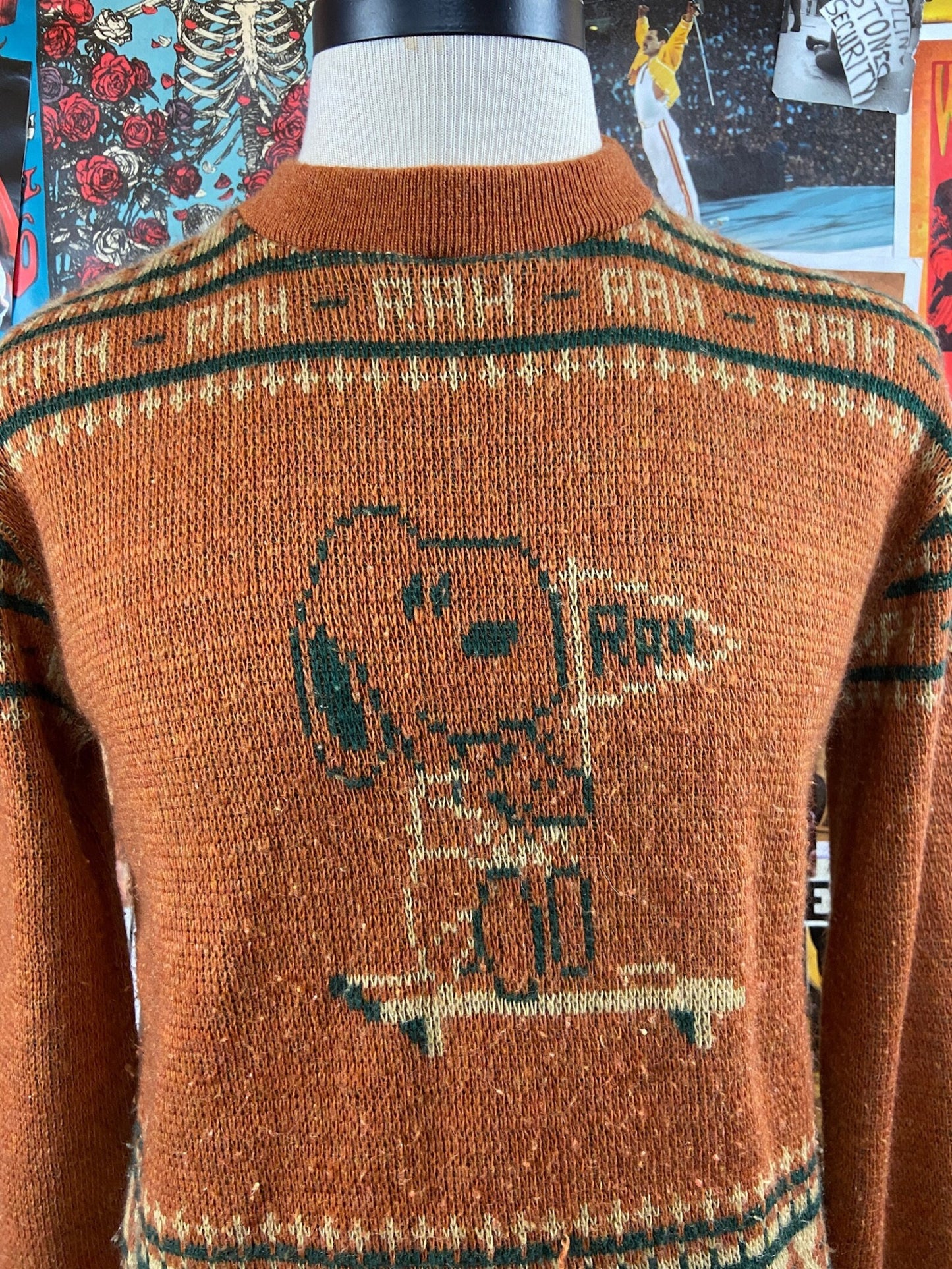 Vintage Mens 70s Snoopy Peanuts Cartoon Rah Rah School Rally Arrow Knit Crewneck Jumper Sweater M/L