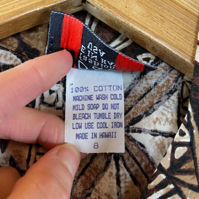 Vintage Boys Kids 90s Brown Hawaiian Turtles All Cotton Tropical Aloha TIki Button Up Shirt USA Size 8