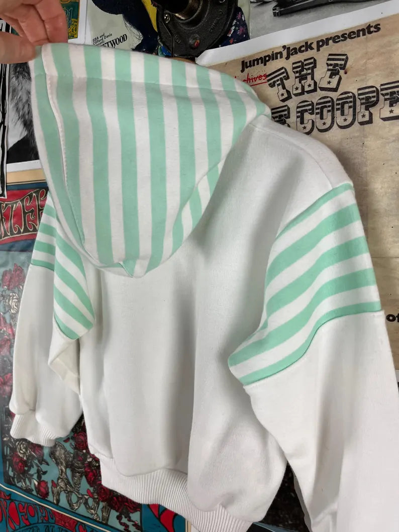 Vintage Toddler 90s Pastel Striped J.C. Kids Nautical Dolphin Whales Striped Graphic Print Hoodie Pullover Sweatshirt 3T-4T