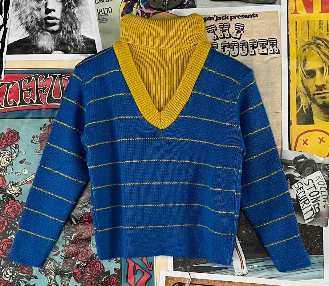 60s boys blue yellow striped long sleeve dicky style turtleneck sweater top 3T.
