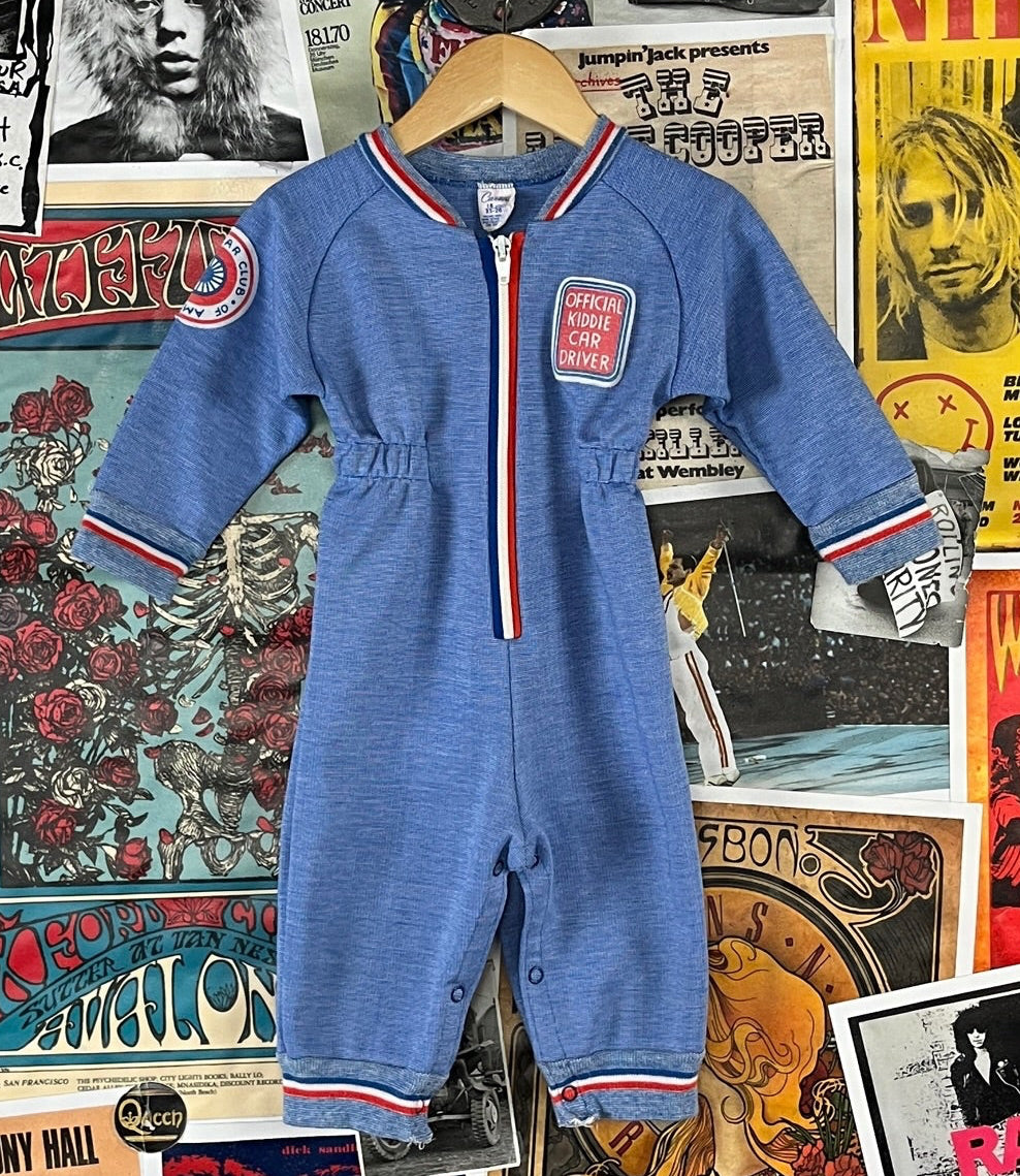 Vintage 70s Carters baby boy automotive car racing jumpsuit 12 months.