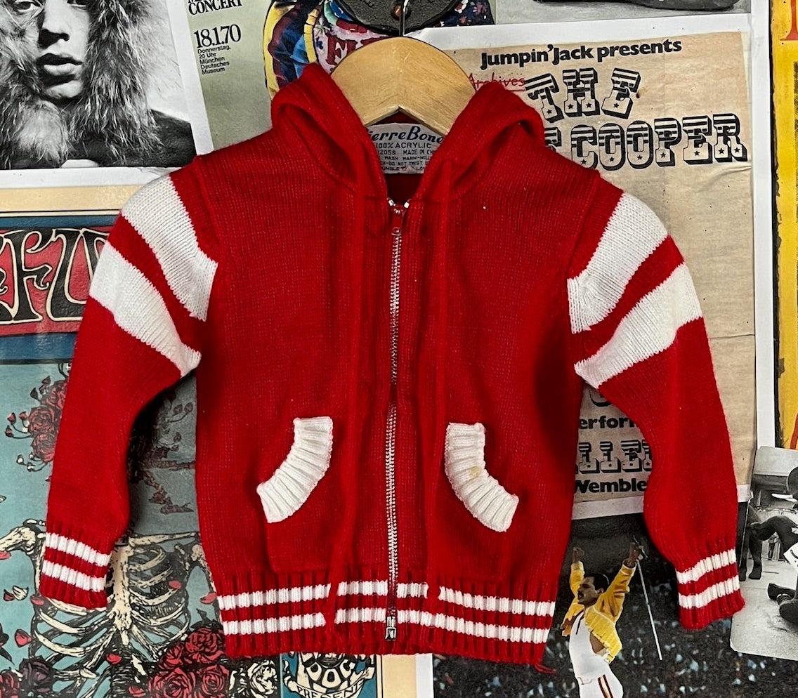 Vintage baby boy girl 70s red white striped hooded cardigan sweater top 9-12 months.