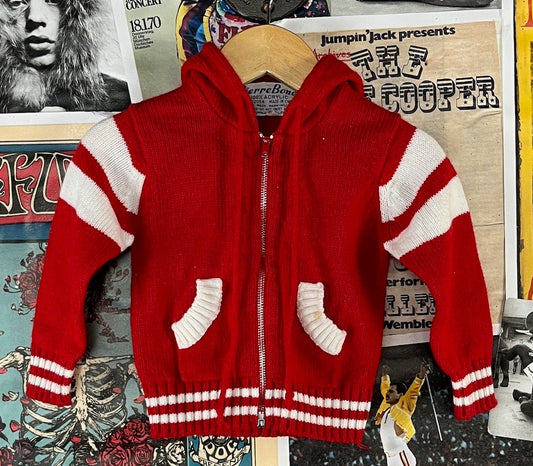 Vintage baby boy girl 70s red white striped hooded cardigan sweater top 9-12 months.