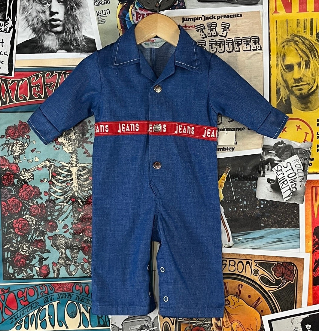 Vintage baby 70s jeans denim collared long sleeve jumpsuit 6 months.