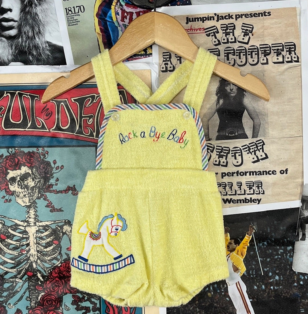 Vintage 70s rocking horse Terry cloth short overall romper baby size 0-3 months.