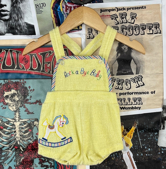 Vintage 70s rocking horse Terry cloth short overall romper baby size 0-3 months.