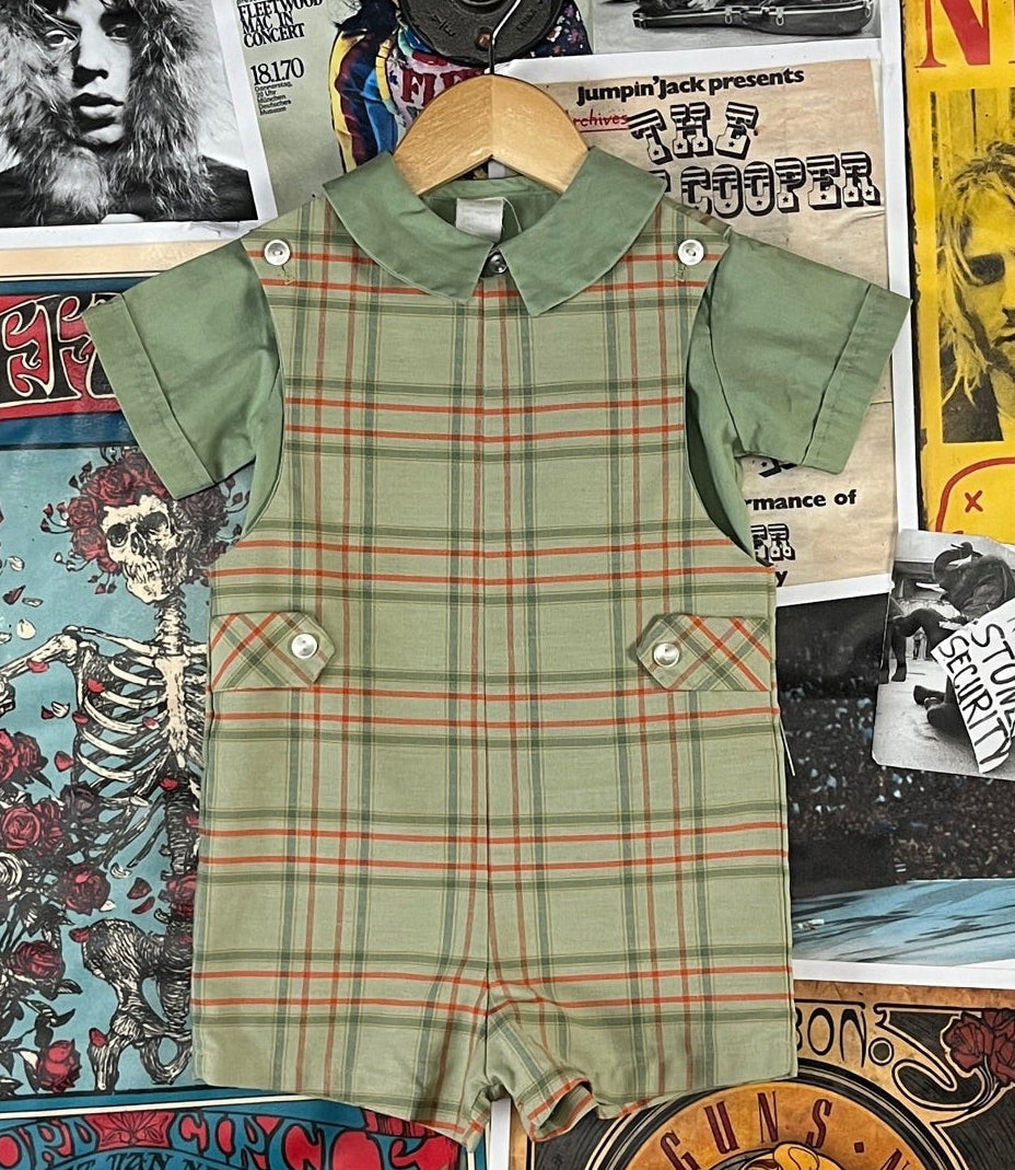 Vintage boy 70s green plaid shortall romper outfit set 18 months.