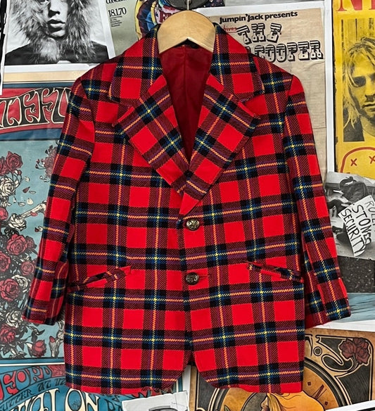 Vintage boys kids 70s red Christmas plaid single breasted blazer jacket for ages 5 to 6.