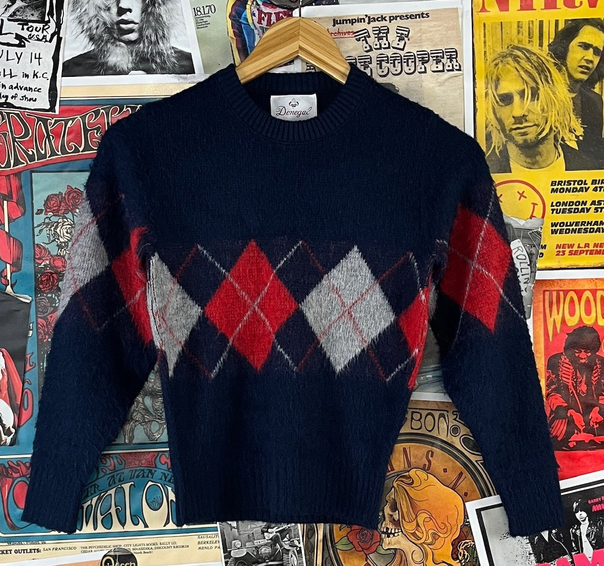 Vintage boys 70s navy blue argyle print knit jumper sweater ages 8-9. 