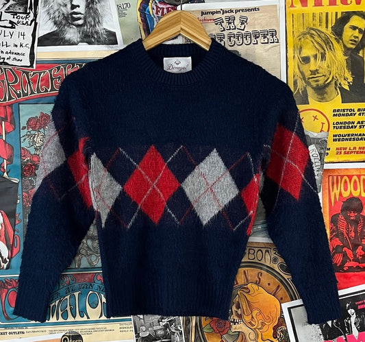 Vintage boys 70s navy blue argyle print knit jumper sweater ages 8-9. 