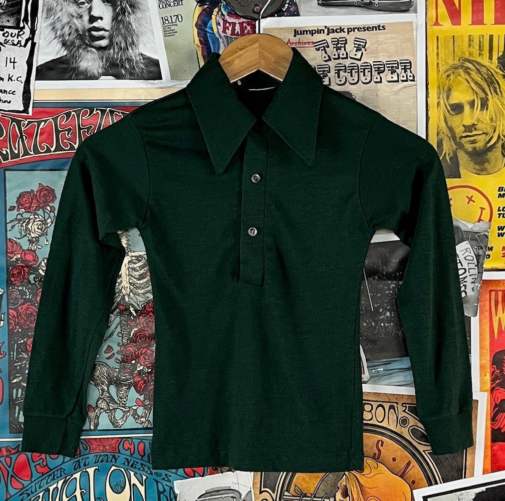 Vintage kids boys 70s solid plain green disco shirt age 5 to 6.