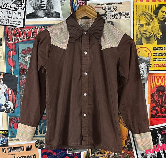 Brown vintage kids 70s Western rockabilly cowboy button up shirt by Sands Point size 14 ages 10 to 11.