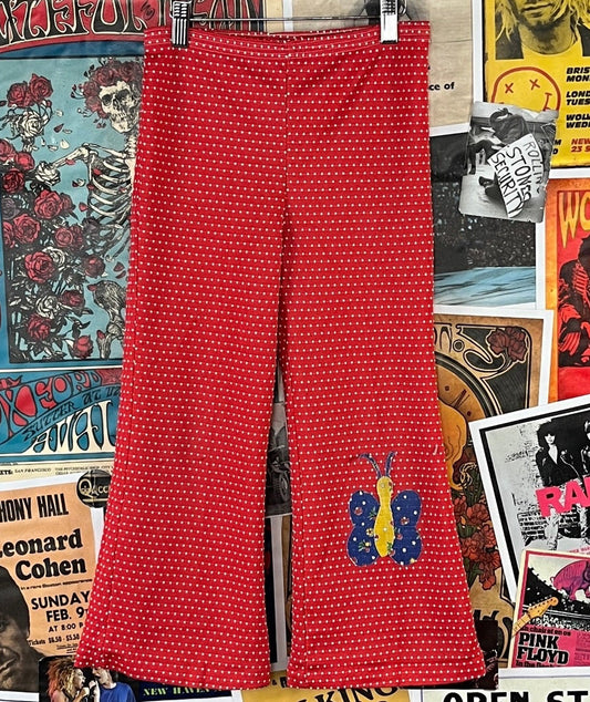 Vintage girls 70s retro red polka dot print butterfly patchwork floral print flares pants size 6X to 7.