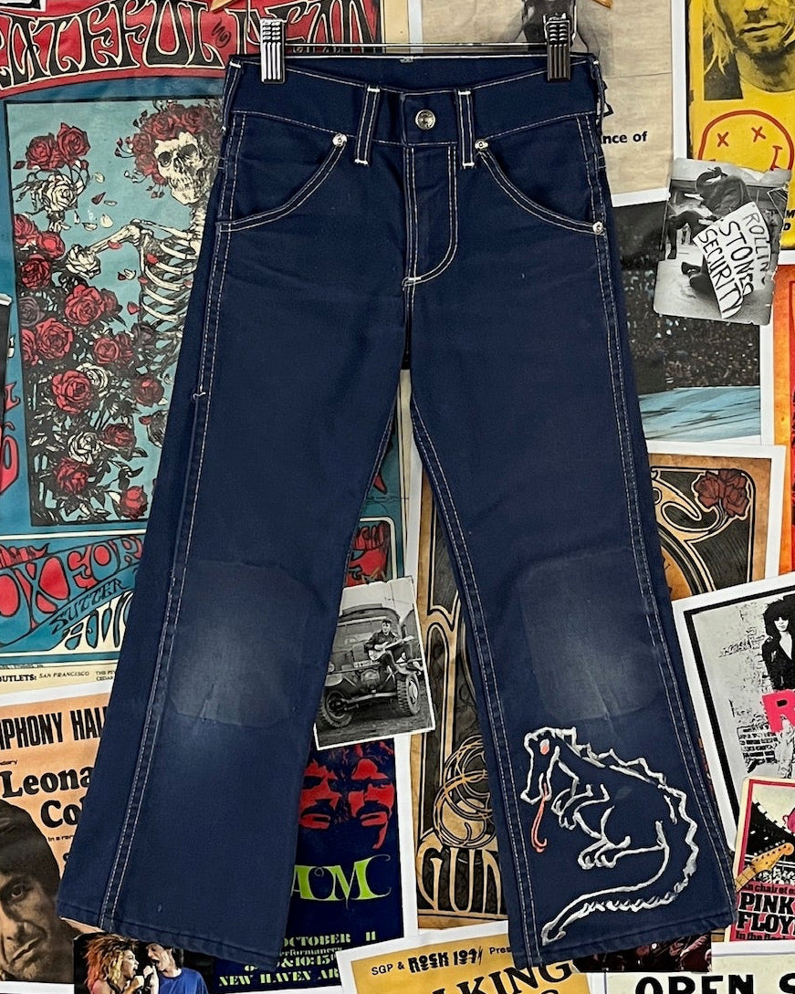 Vintage kids retro boys 70s bootcut denim dragon hand drawn Toughskins jeans size 7 slim short ages 6-7.