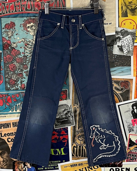 Vintage kids retro boys 70s bootcut denim dragon hand drawn Toughskins jeans size 7 slim short ages 6-7.