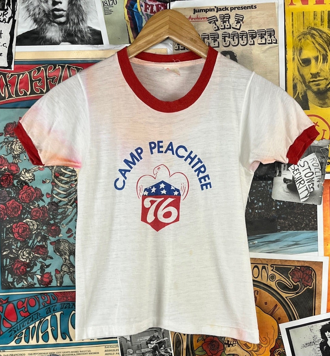Vintage kids 70s Camp Peachtree graphic ringer t-shirt tee size 7 to 8.