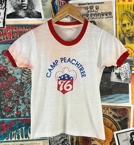 Vintage kids 70s Camp Peachtree graphic ringer t-shirt tee size 7 to 8.