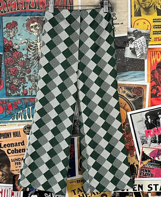 Kids vintage green white harlequin checker print trouser pants size 6X-7