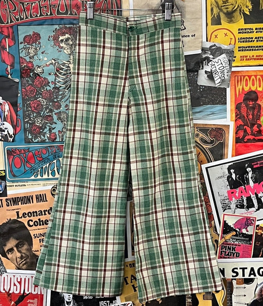 Vintage kids 70s green brown plaid Buster Brown flares pants size 6-7 slim.