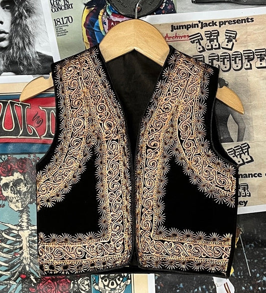 Vintage kids 70s black gold embroidered India afghan hippie bohemian vest 3T.
