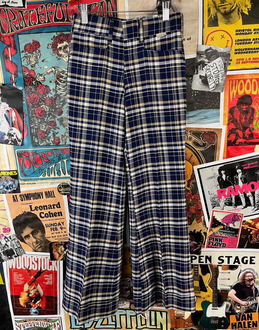 Vintage boys navy khaki plaid print trouser pants by Mann size 12 slim ages 9-10.