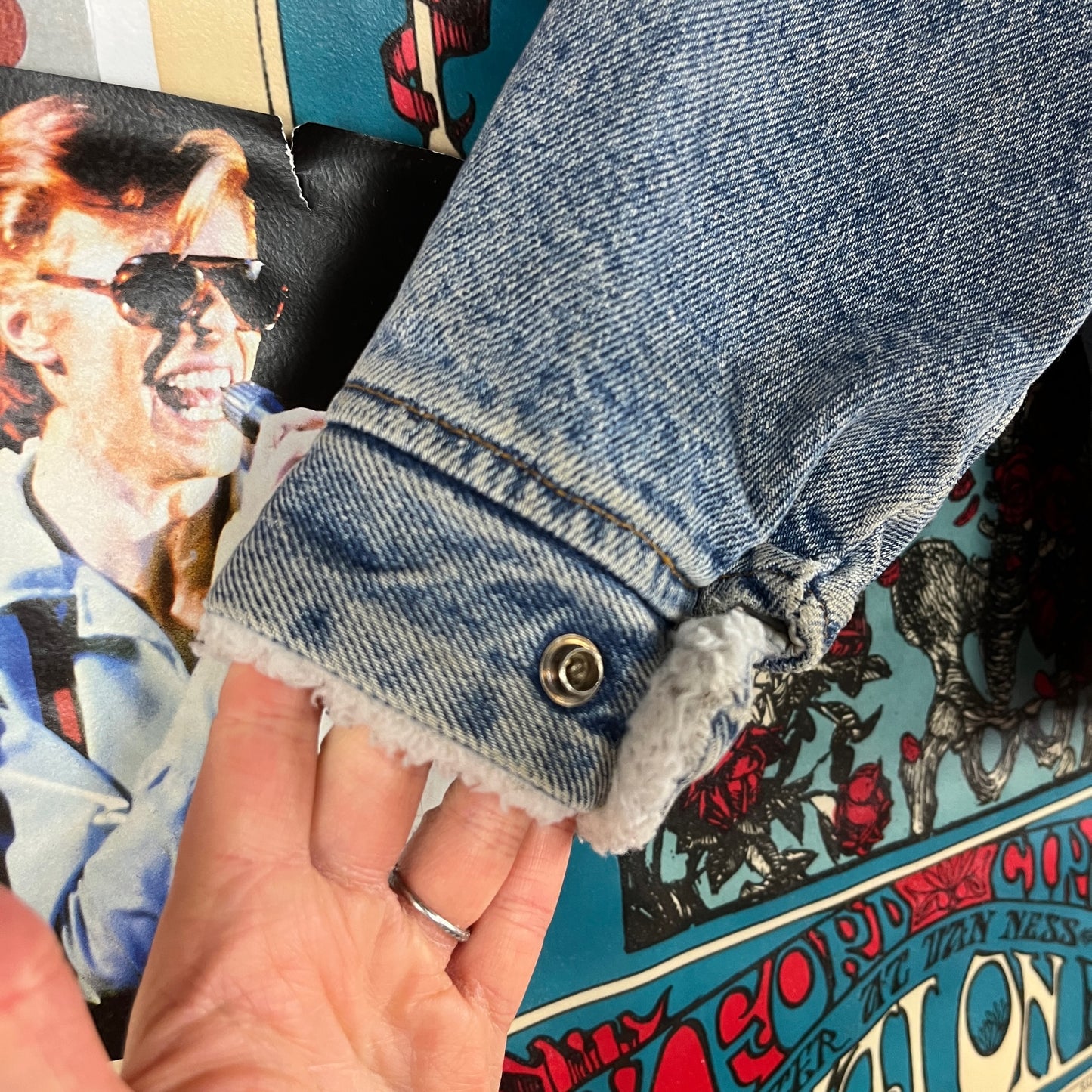 Vintage Kids 90s Rockabilly Western Cowboy Patch Orange Tab Denim Little Levi's Sherpa Jean Trucker Jacket Size 7 Ages 6-7