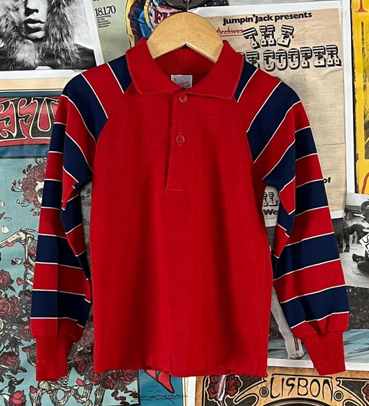 Vintage boys 80s red polo shirt with blue white striped long sleeves by Buster Brown in size 4T. 