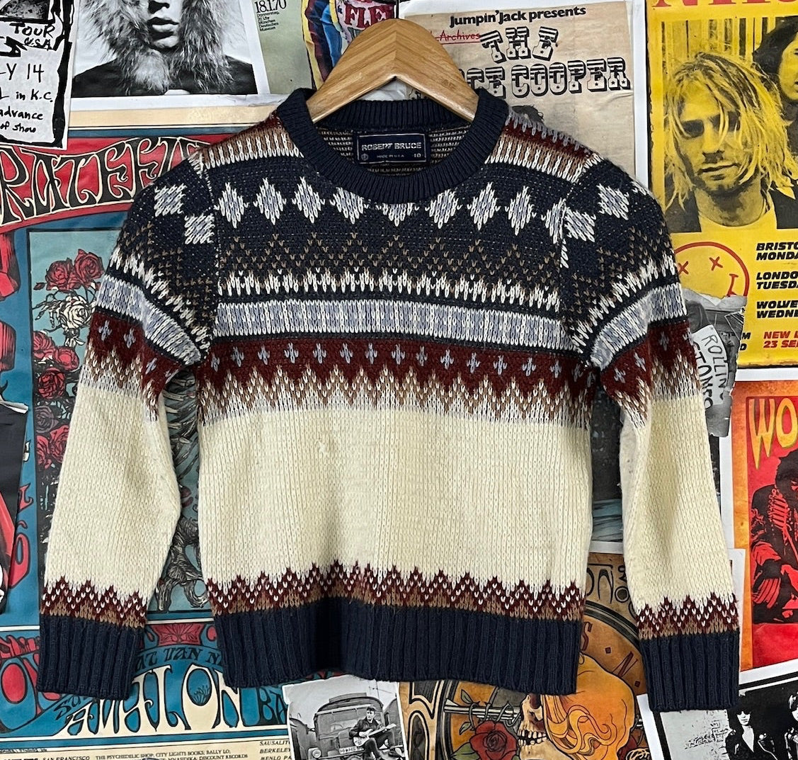A cream and navy Fair Isle style knit boys vintage 1980s sweater with red accents by Robert Bruce