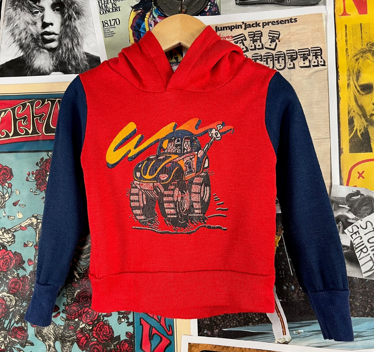 A red and navy blue long sleeve toddler hoodie with a graphic of a Volkswagen Beetle on the front size 3-4T.