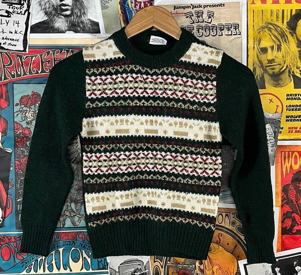 Vintage 80s kids retro green fair isle print pullover jumper sweater boys ages 6 to 7. 