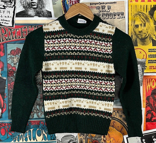 Vintage 80s kids retro green fair isle print pullover jumper sweater boys ages 6 to 7. 