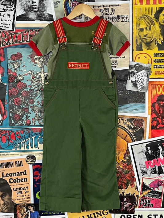 Vintage boys military style overalls and graphic ringer t-shirt Health-tex 4T utility USA