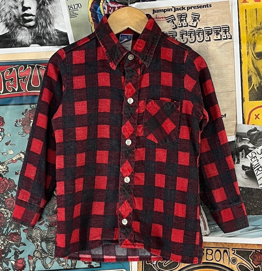 Vintage boys 90s red buffalo plaid button up shirt 4T.