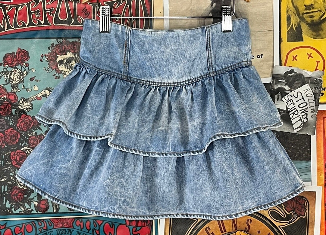Vintage girls 90s blue acid wash denim jean ruffle mini skirt size 6X.