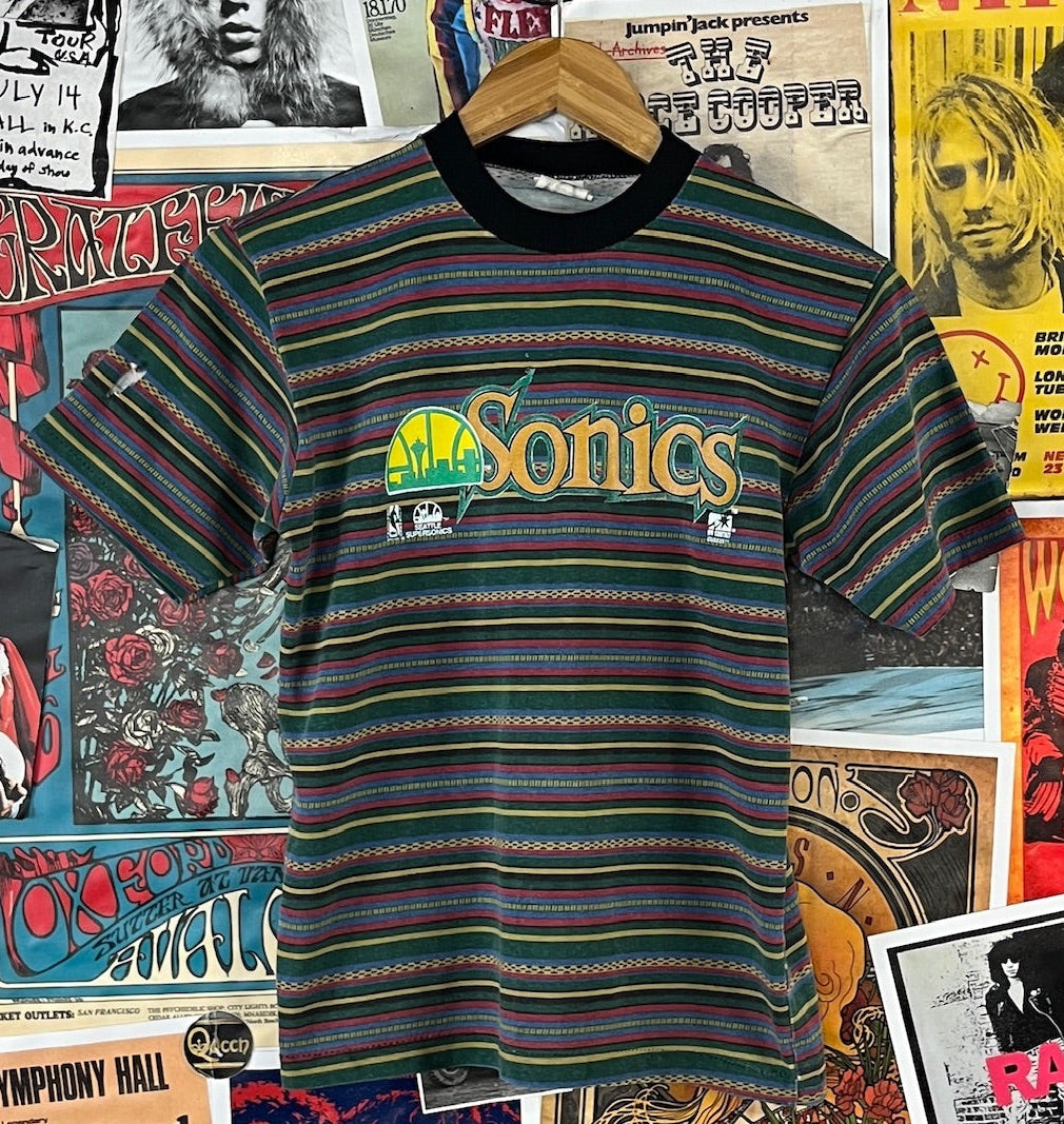 Vintage kids 90s striped Seattle Sonics NBA graphic ringer t-shirt all cotton boys age 11-12.