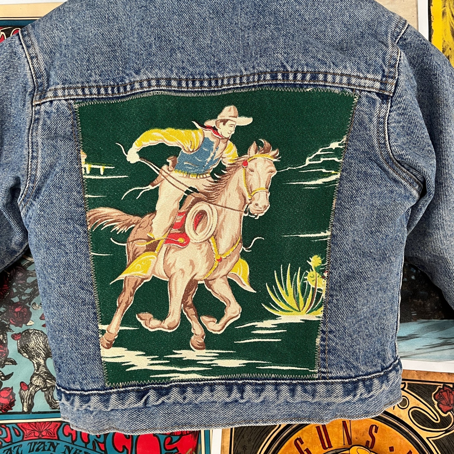 Vintage Kids 90s Rockabilly Western Cowboy Patch Orange Tab Denim Little Levi's Sherpa Jean Trucker Jacket Size 7 Ages 6-7