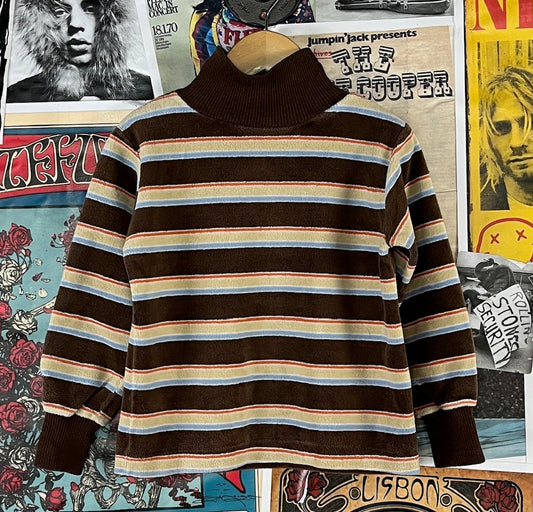Vintage boys 70s-80s brown striped long sleeve velour turtleneck top ages 4 to 5 by Health-tex.