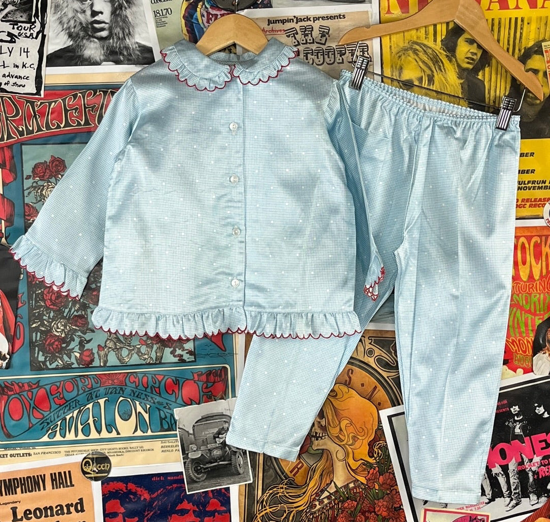 Vintage girls 70s 80s light blue ruffle Pierrot style pajama set ages 4 to 5