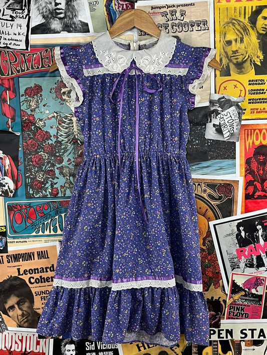 Vintage Girls 1970s Purple Calico Tiny Floral Print Gunne Sax Style Prairie Cottagecore Dress Size 8 Age 7-8
