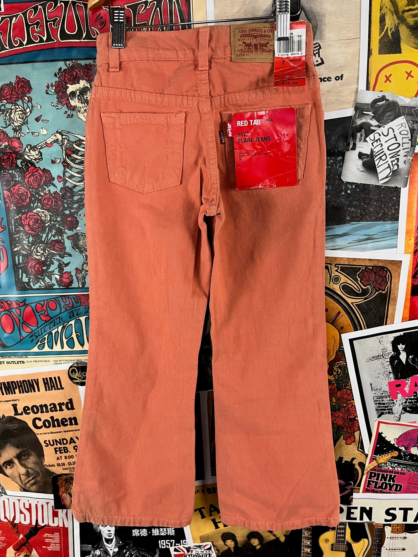 Vintage Kids Girls 90s Deadstock Coral Orange Pink Levi's Red Tab 517 Denim Flare Jeans Size 6X-7