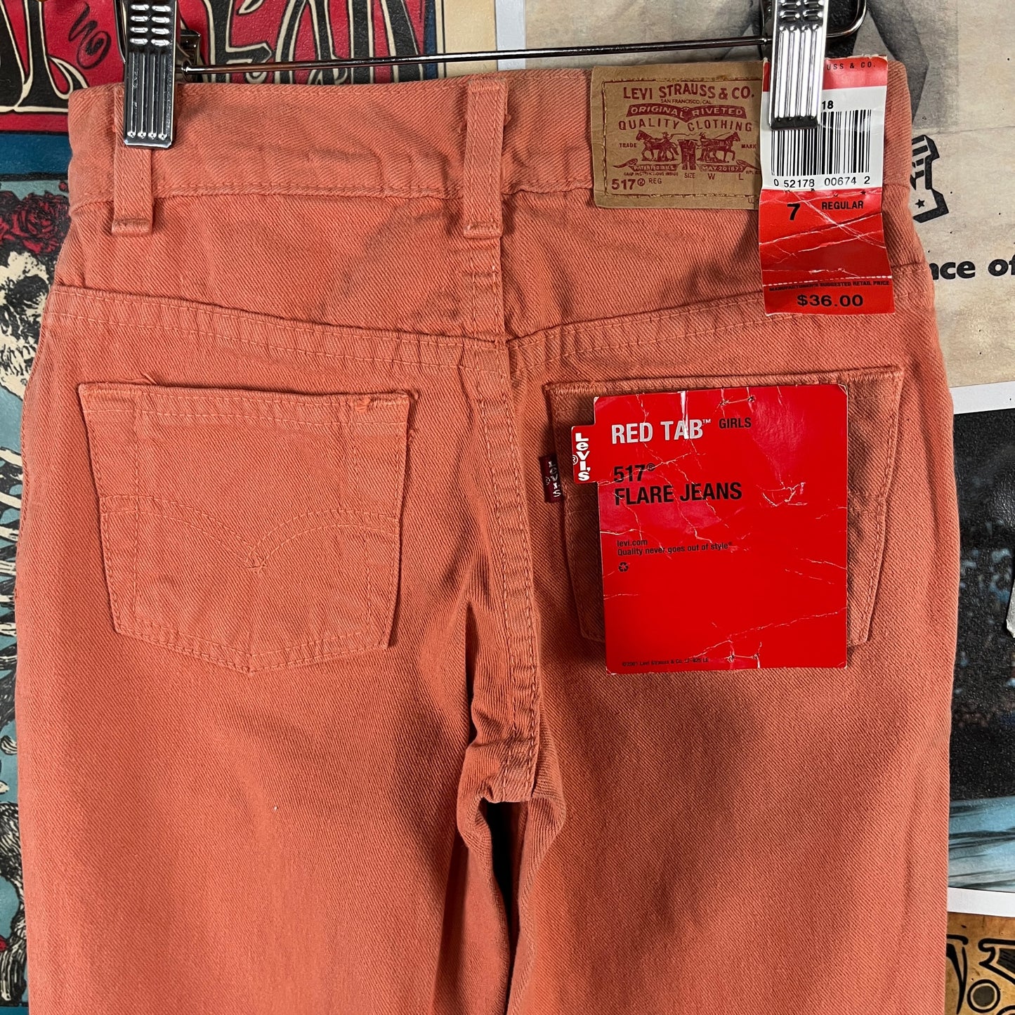 Vintage Kids Girls 90s Deadstock Coral Orange Pink Levi's Red Tab 517 Denim Flare Jeans Size 6X-7