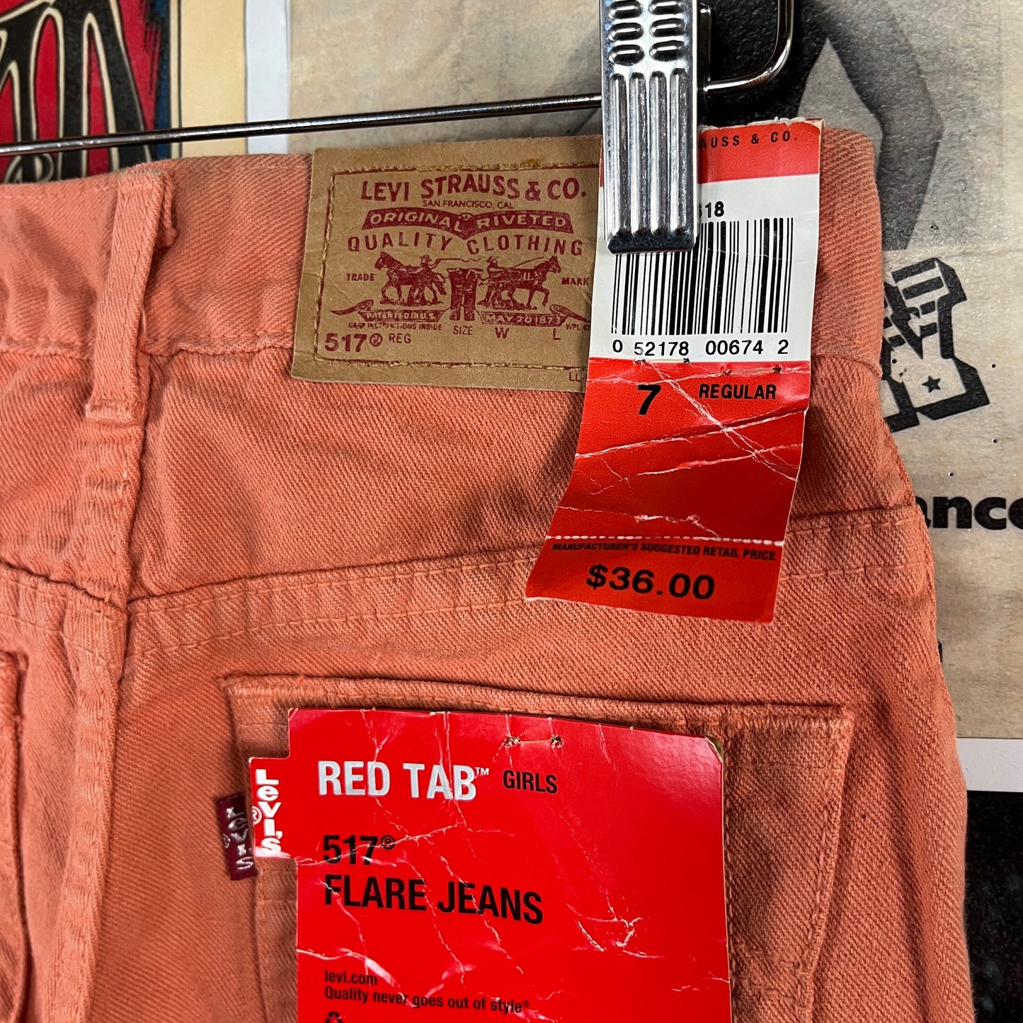 Vintage Kids Girls 90s Deadstock Coral Orange Pink Levi's Red Tab 517 Denim Flare Jeans Size 6X-7