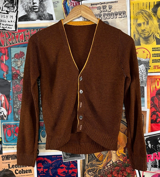 Vintage boys kids 50s 60s brown yellow knit cardigan sweater top grandpacore nirvana grunge style retro age 10 11